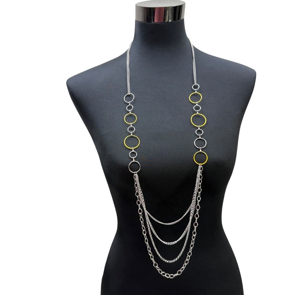 Fashion Silver Tone Long Layered Necklace & Yellow Ring Dangle Earrings Set
